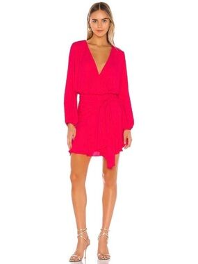 NWOT Deep V-Neck Hot Pink Wrap Mini Dress with Long Sleeves